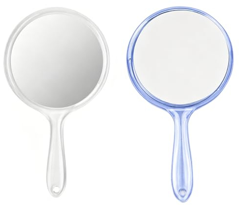 Pack de 2 Espejos de Mano con Mango, 14,5 x 26,5 cm, Espejo cosmético de Doble Cara con Aumento de 2X, Espejo de Maquillaje Semitransparente para un Maquillaje y Cuidado Facial precisos
