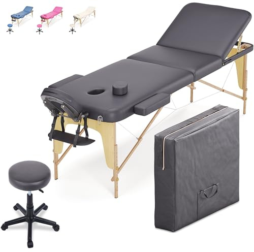 Beltom® Lettino Massaggio 3 Zone in Legno Dimensione 195/225 X 70 CM + Sgabello Regolabile in Altezza + Borsa per LETTINI da Massaggi Portatile - Pannello Reiki - Angoli ARROTONDATI E RINFORZATI-Nero