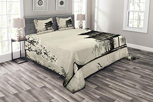 ABAKUHAUS japanisch Tagesdecke Set, Landschaft des Fernen Ostens, Set mit Kissenbezügen Waschbar, für Doppelbetten 220 x 220 cm, Schwarz Beige