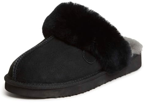 Dearfoams Damen-Hausschuhe „Fireside Sydney“ aus Lammfell für drinnen und draußen mit weiter Passform, Schwarz, 39 EU
