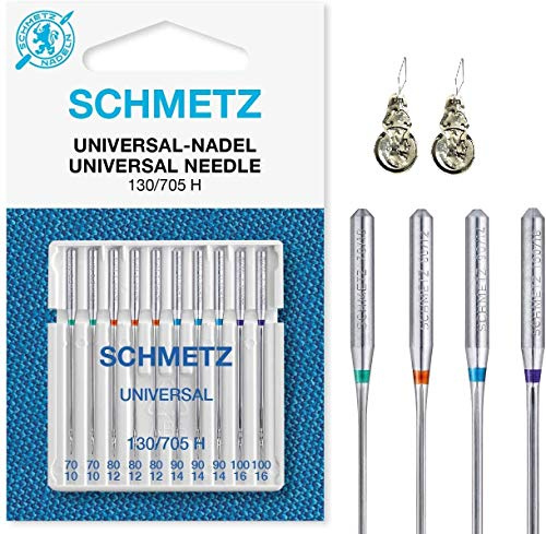Schmetz Lot de 10 aiguilles pour machine à coudre universelles (standard), différentes tailles 70/10, 80/12, 90/14 et 100/16 Assorted 70-100 +2 Threaders