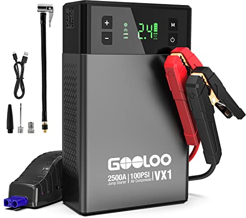 GOOLOO VX1 2500A Starthilfe Powerbank mit Kompressor, Supersafe 12V Auto Starthilfe mit 150 PSI digitalem Reifenfüller, Geeignet für 8.5 L Benzin und 6.0 L Diesel