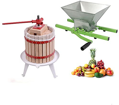 AufuN Obstpresse Weinpresse Fruchtpresse Saftpresse Maischepresse + Obstmühle Obstzerkleinerer manueller Maischemühle mit Handkurbel, Obstpresse für Apfel Traubenmühle(12L Obstpresse + 7L Obstmühle)
