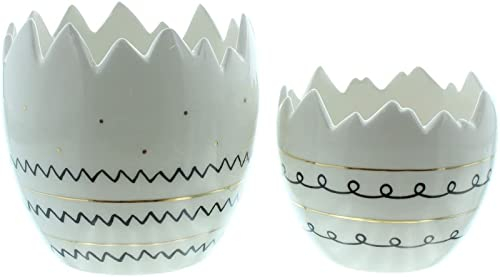 Dekoleidenschaft 2 Pflanzer Style aus Porzellan, weiß/schwarz/Gold, in Ei-Form, Übertopf, Blumentopf, Osterdeko, Pflanzgefäß Eierschale