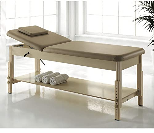 KEOPALIA Lettino in legno regolabile in altezza per estetista massaggio con ripiano per centro estetico foro viso porta rotolo feng shui
