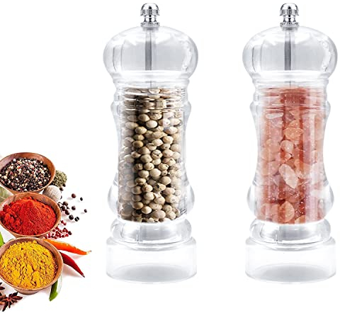 Salz und Pfeffermühle 2Er Set, Salzmühle & Pfeffermühle Salz und Pfeffer Mühle Gewürzmühle mit Einstellbarem Chilimühle aus Acryl, Keramikmahlwerk für Verschiedene Gewürze