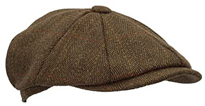 WALKER AND HAWKES - Men's Green Sage Derby Tweed 8-Panel Charlie Baker Boy Style Teflon Coated Cap - Brown Tweed - L (59cm)