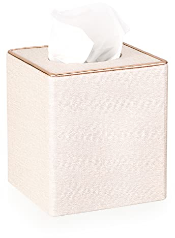 BTSKY Household Square Linen Tissue Box with Decorative Gold Line - Cube Tissue Paper Holder and Cover Holder - Storage Organizer and Dispenser Case - Napkin Box, Beige