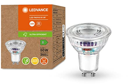 LEDVANCE Lampe à économie d'énergie, réflecteur PAR16, GU10, blanc chaud (3000K), 2.1 watt, remplace une ampoule de 50W, très efficace et à économie d'énergie, pack de 1