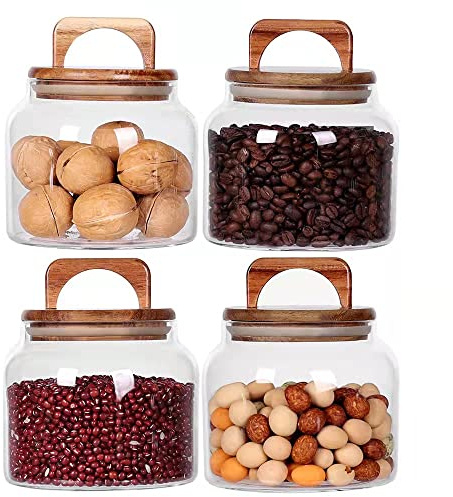 SAIOOL Glass Jars with Airtight Lid [Set of 4],Kitchen Canisters, Borosilicate Storage Containers,Retro Design, jars for Candy,Cookie,Rice,Sugar,Flour, Flour,Pasta,Nuts and Spice Jars