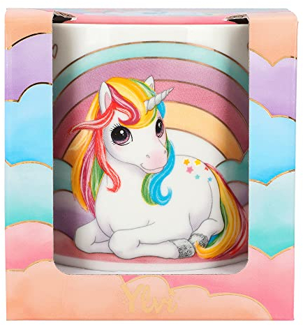 Depesche 12376 Ylvi - Taza en blanco, con motivo de unicornio y diseño de arco iris, taza para beber sin asa de porcelana, capacidad aprox. 250 ml