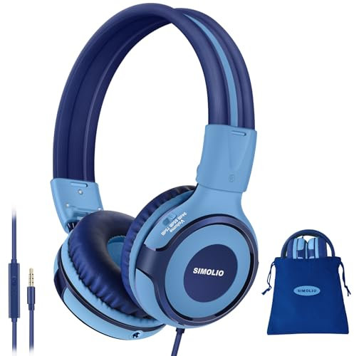 SIMOLIO Casque Audio Enfant pour L'école avec Microphone, Limite de Volume, Partager Jack, Réglable et Robuste, Casque Enfant Audio D'écoute Sstéréo Pliables sans Emmêlement pour Les Garçons en Voyage