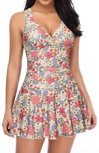 SHEKINI Maillot de bain une pièce pour femme - Dos nu - Jupe de bain plissée - Contrôle du ventre - Tankini - Maillot de bain de plage - Grande taille - Jupe de natation, Fleur jaune clair, XL