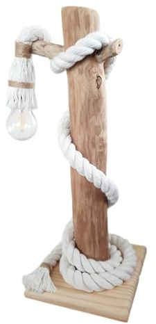 SOLENZO E27 - Lámpara de madera natural y cuerda blanca, estilo rústico náutico