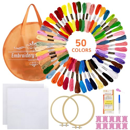 xiruiubao Kit Ricamo, Principianti Embroidery Starter Set Adulti Embroidery, Punto Croce Kit Da Ricamare, 50 Colori Filo Da Ricamo, Telaio Per Ricamo, Kit Di Attrezzi A Punto Croce, Artigianato