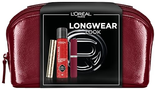 L'Oréal Paris Longwear Look Geschenkset: Panorama Mascara, Infaillible Matte Resistance, 3-Second Setting Mist & luxuriöse Beauty Bag, Für strahlende Schönheit und Longwear Look, 4-teilig