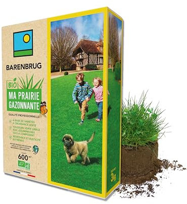 BARENBRUG - Prairie Gazonnante BIO - Variétés à Croissance Lente - Toujours Verte grâce aux Légumineuses - Résistance et Rusticité Extrêmes - Aucun Engrais Nécessaire - Fabriqué en France - 3KG