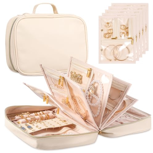 Travel Jewelry Organizer - Imitation Leather Travel Jewelry Case with Adjustable Pages, Jewelry Bag for Earrings,Rings,Necklaces,Bracelets-Perfect,Waterproof, Ideal for Trips & Gifts (Off-white)