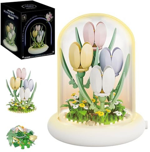 Astrevo Ensemble de blocs de construction avec éclairage LED - Bouquet de roses avec dôme et socle étanches à la poussière - Micro blocs de construction - Cadeaux pour fille, maman, petite amie