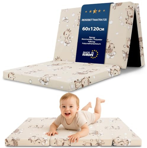 Totsy Baby Colchón Cuna 60x120 cm Plegable para Cuna de Viaje – Funda desenfundable Lavable en Lavadora a 30 Grados & Bolsa incluida – Colchón Bebé Infantil en Espuma Firme Jirafas