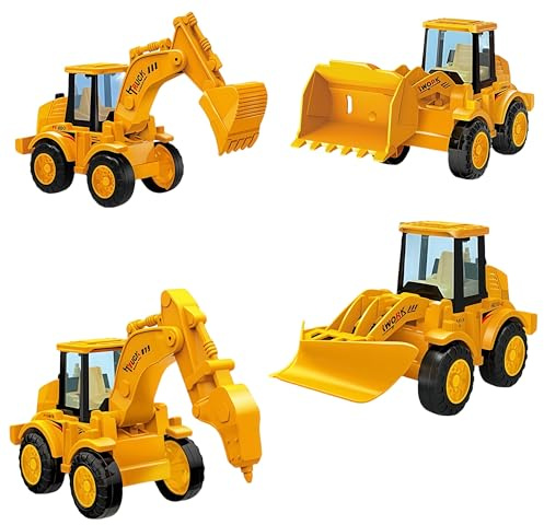 GUUMFOLL Construction Vehicle Engineering Toy Set, 4 Piece Excavator and Front Loader Set, Ages 3+, Yellow(YM-C19)