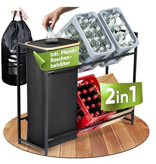Forganizers 2in1 Getränkekistenregal Metall inkl. Pfandflaschen Sammelbehälter – herausnehmbare Tasche mit Kordelzug – Leergut Organizer für Kisten & PET Flasche im Haushalt, Küche Keller Garage