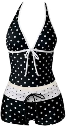 Generisk dam polkaprickig tankini-baddräkt, Y2K nackhållare baddräkt med boyshorts, sommar, söt retro baddräkt för strandsemester, svart, L