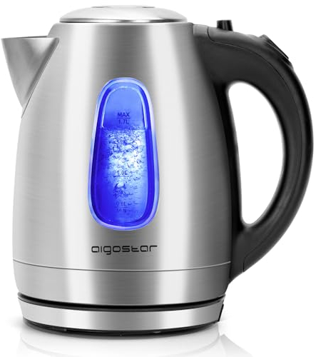 Aigostar Queen 30CDZ - Bouilloire électrique 0% BPA avec illumination LED, d'une capacité de 1,7 litres, puissance de 2200W, en acier inoxydable poli. Système de protection contre l'ébullition à vide.