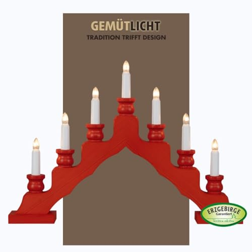 weigla - Schwedenleuchter original Erzgebirge I Trendiger Schwede ROT I Schwibbogen Weihnachten I 7 Lampenkerzen + 1 Ersatzlampe I 7 x 34 V, 3 W, E10 I Weihnachtsdeko innen I Kiefernholz