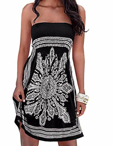 Damen Sommer Bandeau schulterfrei Flora Muster bunt Boho-Stil Casual Mini Strandkleider（BL,L
