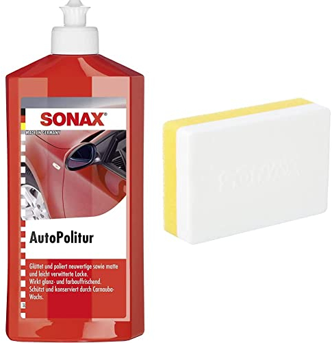 SONAX AutoPolitur (500 ml) für neuwertige, matte und leicht verwitterte Bunt- und Metallic-Lacke & ApplikationsSchwamm (1 Stück) zum Auftragen und Verarbeiten von Polituren, Wachsen