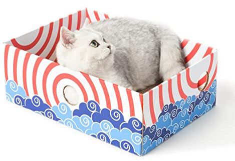 Conlun Cat Scratching Board with Box, Durable Cardboard Cat Scratcher Box, Double-sided Corrugated Scratch Pad, Interactive Holes & Mess-Free Design, Toy Gift for Kitty (1-Pack, Medium, Red)