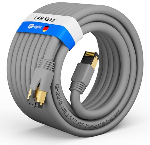 hb-digital 10m Patchkabel CAT 8.1 LAN nätverkskabel S/FTP PIMF 2xRJ45 Plug koppar LSZH Halogenfri RoHS-kompatibel 40 Gbits Ethernet Port 2000 MHz Internet DSL, PC, Router, Switch, Modem, TV grå