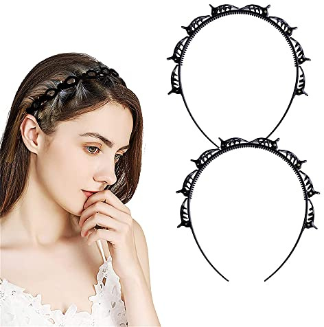 Lot de 2 bandeaux à clips noirs – Épingle à cheveux double frange avec clips, bandeau torsadé double couche pour femme
