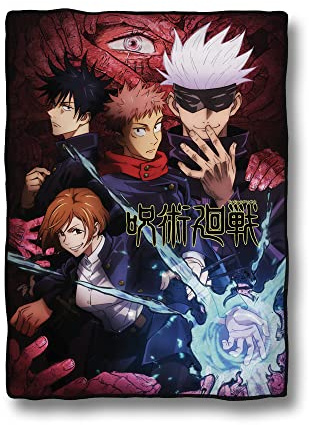 JUST FUNKY Jujutsu Kaisen fleecefilt | 114 cm x 152 cm | Med Yuji, Megumi, Nobara och Satoru Gojo | Supermjuk överkastfilt | Officiellt licensierad
