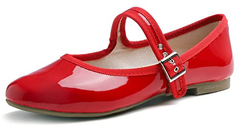 Feversole Women's Soft Breathable Mary Jane Memory Foam Cushioned Comfort Round Toe Metal Buckle Flats Walking Shoes Red Patent Size UK 7