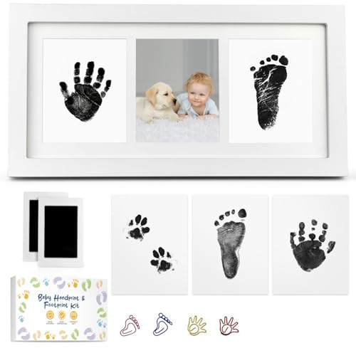 MOXTOYU Baby handavtryck och fotavtryck fotoram-kit, 2 rengöringsfärgade babyhandavtryck bläckdynor med 6 tryckta kort, giftfria för nyfödd baby, baby fotavtryck kit med 4 söta klämmor, perfekt babygåva