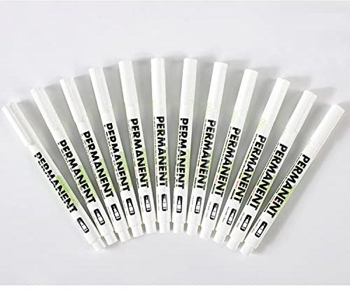 TINAYAUE 12 Pack White Marker Pens 1mm Fine Tip Oil Based Markers Waterproof Paint Marker Permanent Marking White Paint Pen for Wood Rock Plastic Glass Stone Metal Ceramic Fabric Tire Black Labels