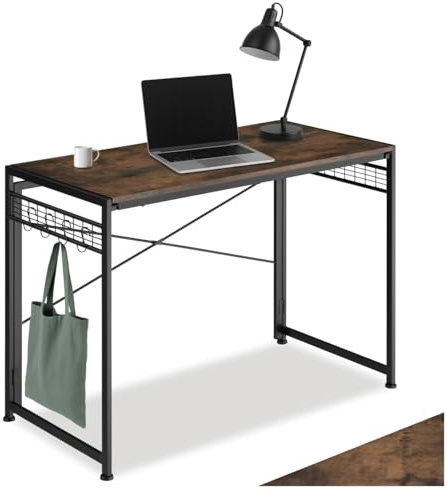 tectake® Industrial Schreibtisch klappbar, Foldable Table, PC Tisch Klapptisch, Arbeitstisch mit 8 Haken, 102 x 51 x 77 cm, Laptop Tisch, Study Table Office Space - Industrial Dunkelbraun