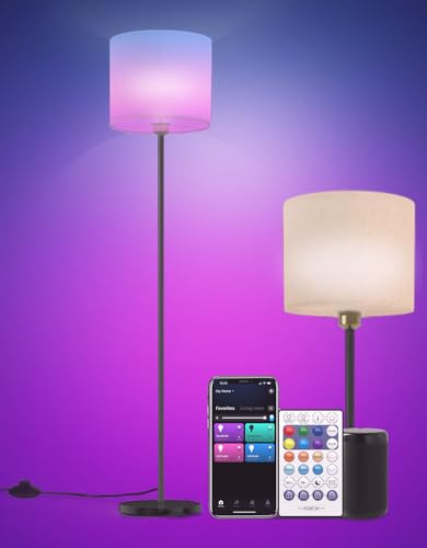 YHW Floor lamp for Living Room Works with Alexa & Google, White Linen Lamp Shade LED Bright Tall Standing Smart Floor Lamp with Remote for Bedroom Office, Modern Color Changing Dimmable WiFi Light.