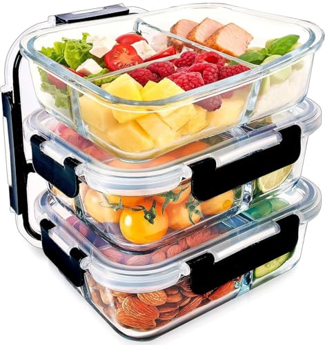 HOUSZY Glass Meal Prep Containers, 3 Compartment, Pack of 3, Snap-Lock | Borosilicate, non-toxic, portion control, microwave, dishwasher and oven safe. Bento.