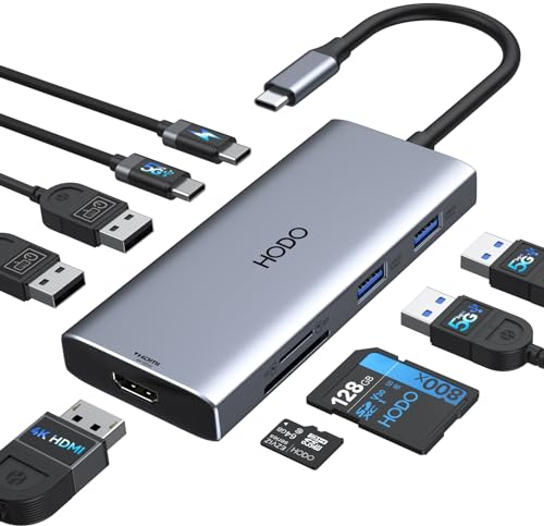 HODO USB C Hub für MacBook, USB-C Adapter Multiport 9 in 1 mit 4K 60Hz HDMI, 100W PD, SD TF Kartensteckplatz, 4USB und USBC Datenport, Type-C Dongle für Mac Book Pro Air/iPad/Surface/HP