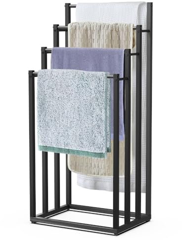 VOUNOT® Porte-Serviettes autoportant sur Pied Support à 4 Niveaux en Métal Rangement Stable pour Serviettes de Bain et Accessoires Idéal à Côté de la Douche Baignoire ou Lavabo Noir