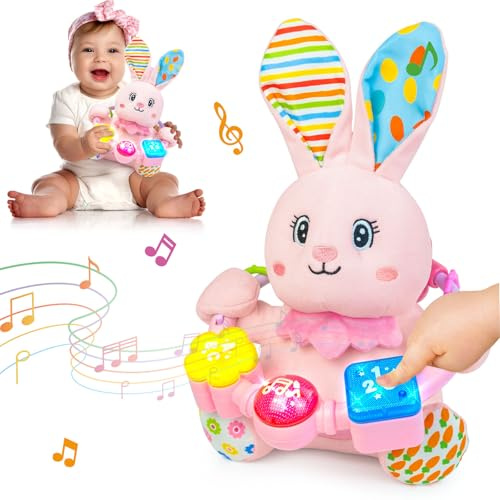 Ryotagift Peluche musicale bilingue a forma di coniglietto giocattolo, giocattolo per l'apprendimento precoce con musica luminosa e increspatura, giocattoli per la pancia per 0 3 6 9 12+ mesi per