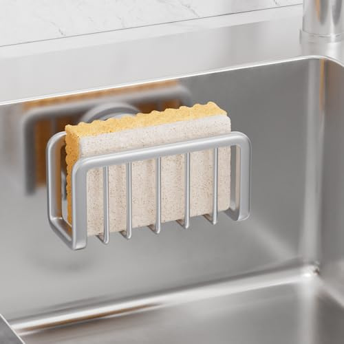 TAILI Simple Sponge Holder with Sucion Cup, Sink Caddy for Kitchen - Silver | Simple Sponge Holder for Kitchen Sink for Dishcloth, Brush, Stopper, Wall Mounted, Adhesive Free, No Drilling, Quick Drainage