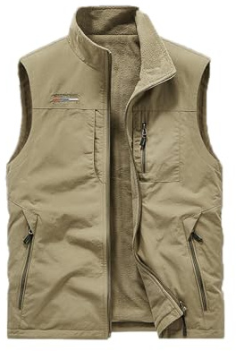 Vivikivi Gilet d'hiver en polaire pour homme - Imperméable - Chaud - Sans manches - Avec poches - Réversible - Pour la pêche, la photographie, le sport en plein air, kaki, XL