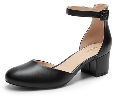 DREAM PAIRS Scarpe da donna con tacco spesso, punta rotonda chiusa, tacco basso, cinturino alla caviglia, scarpe eleganti per matrimoni, ufficio, feste, Nero , 41 EU
