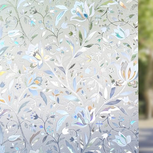 DOWELL Decorative Window Film Privacy Film for Glass Windows, 3D Rainbow Glass Film Static Cling, Opaque Frosted Stickers No Glue Anti UV, for Home, Kitchen, Tulip 44.5×200cm