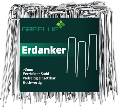 GREELUE 50 Stück Ø3mm Erdanker Bodenanker, 150x25mm Verzinkter Stahl Anti-Rost Erdnägel für Unkrautvlies Gartenvlies Camping