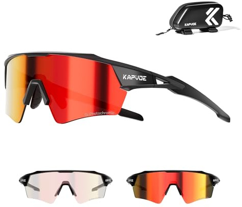 KAPVOE Gafas de Ciclismo Fotocromáticas Hombre Gafas de Sol Deportivas Mujer Transparente Gafas MTB Protección UV400 Gafas Bicicleta Montaña con TR90 Marco Gafas Bici BTT Ciclista Running Rojo